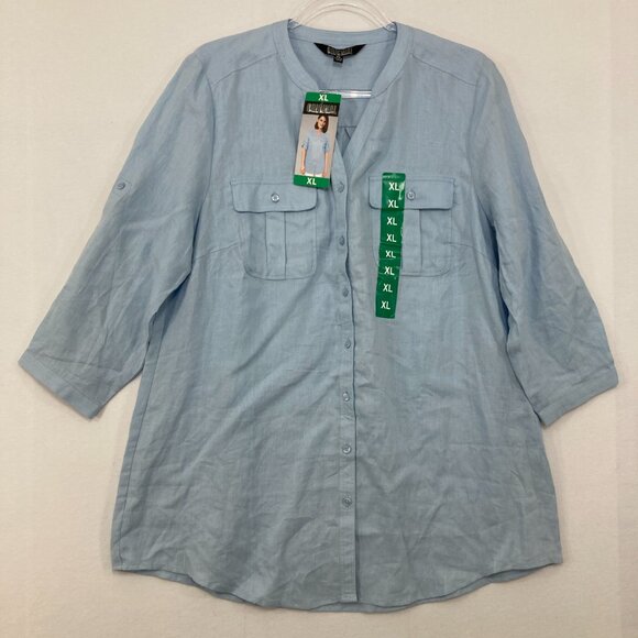 New Nicole Miller size XL Blue 100% Linen 3/4 Sleeve Split Neck Button Down - Picture 1 of 9